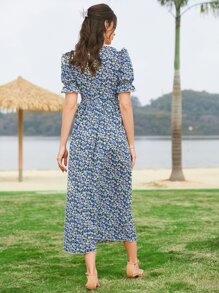 Mulvari Ditsy Floral Puff Sleeve Contrast Lace Square Neck Dress - Multicolor - View 2