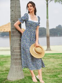 Mulvari Ditsy Floral Puff Sleeve Contrast Lace Square Neck Dress - Multicolor - View 3