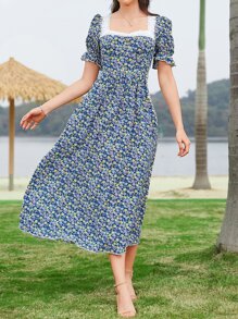 Mulvari Ditsy Floral Puff Sleeve Contrast Lace Square Neck Dress - Multicolor - View 5