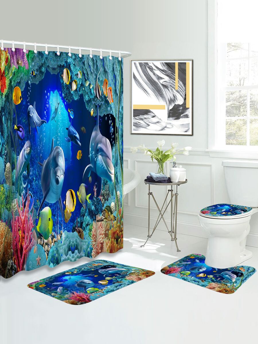 1 pieza Juego de alfombra de baño y cortina de ducha con diseño de delfín para decoración del hogar, alfombra de baño, alfombra de piso, alfombra de puerta, decoración de otoño, accesorios de baño, decoración de entrada escolar - Multicolor - Ver 1