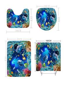 1 pieza Juego de alfombra de baño y cortina de ducha con diseño de delfín para decoración del hogar, alfombra de baño, alfombra de piso, alfombra de puerta, decoración de otoño, accesorios de baño, decoración de entrada escolar - Multicolor - Ver 5