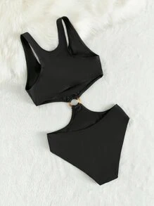 SHEIN Teen Girls Ring Linked Cut Out One Piece Swimsuit - Black - View 2
