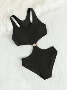 SHEIN Teen Girls Ring Linked Cut Out One Piece Swimsuit - Black - View 3