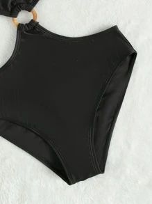 SHEIN Teen Girls Ring Linked Cut Out One Piece Swimsuit - Black - View 5