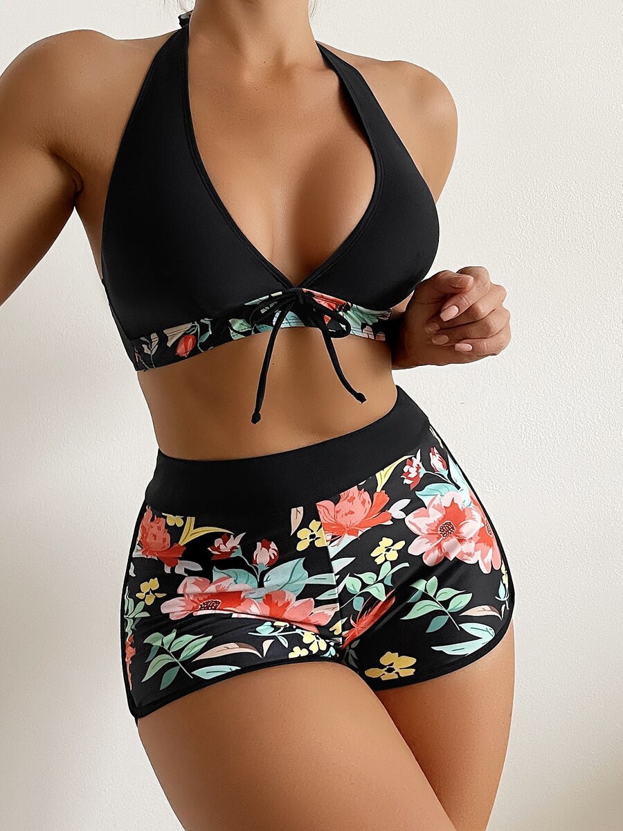 Bộ bikini quần yếm buộc dây phía trước họa tiết hoa, cho kỳ nghỉ hè ở bãi biển - Nhiều màu - Xem 1