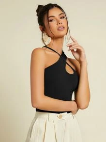 SHEIN BAE Criss Cross Rib-knit Top - Black - View 4