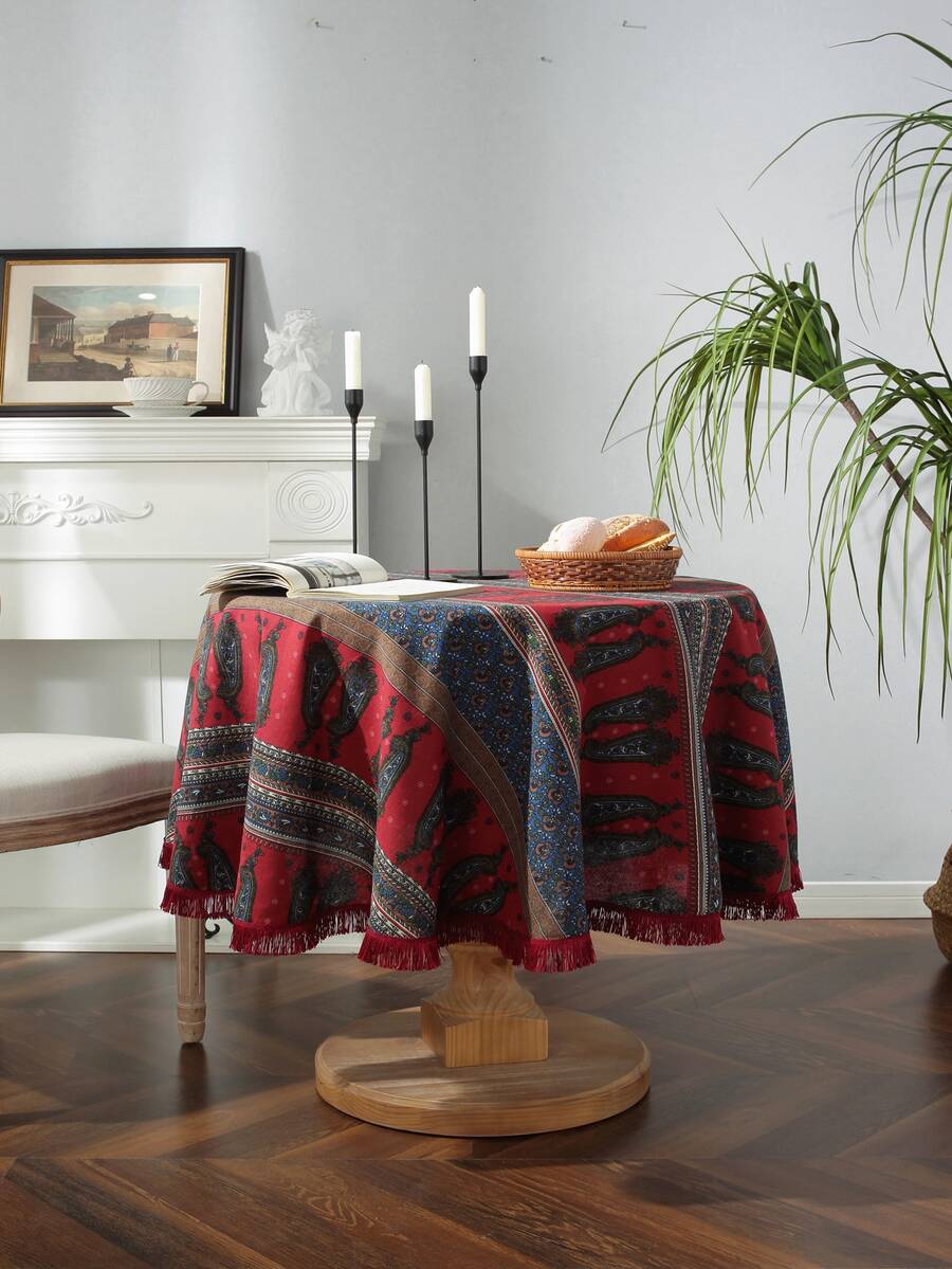 佩斯利印花流蘇邊桌布 - 彩色 - 查看 1