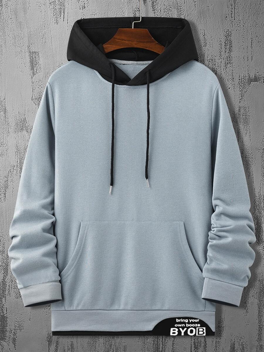 Manfinity Hypemode Men Letter Graphic Color-block Drawstring Hoodie - Dusty Blue - View 1