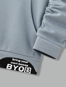 Manfinity Hypemode 男士字母圖案拼色抽繩連帽衫 - 霧霾藍 - 查看 4