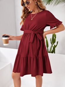 SHEIN Váy Bà bầu Thắt lưng Viên lá sen màu trơn Giải trí - Màu Đỏ Sâu - Xem 1