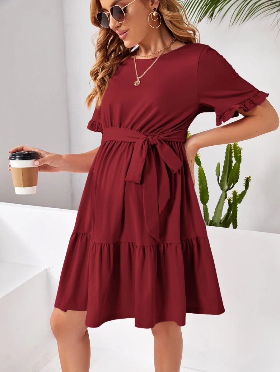 SHEIN Váy Bà bầu Thắt lưng Viên lá sen màu trơn Giải trí - Màu Đỏ Sâu - Xem 1