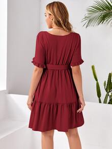 SHEIN Váy Bà bầu Thắt lưng Viên lá sen màu trơn Giải trí - Màu Đỏ Sâu - Xem 2