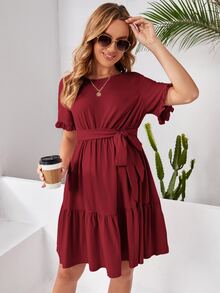 SHEIN Váy Bà bầu Thắt lưng Viên lá sen màu trơn Giải trí - Màu Đỏ Sâu - Xem 3