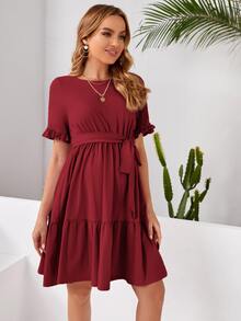 SHEIN Váy Bà bầu Thắt lưng Viên lá sen màu trơn Giải trí - Màu Đỏ Sâu - Xem 5