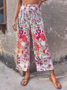 Floral Print Wide Leg Trousers - Multicolor - View 1