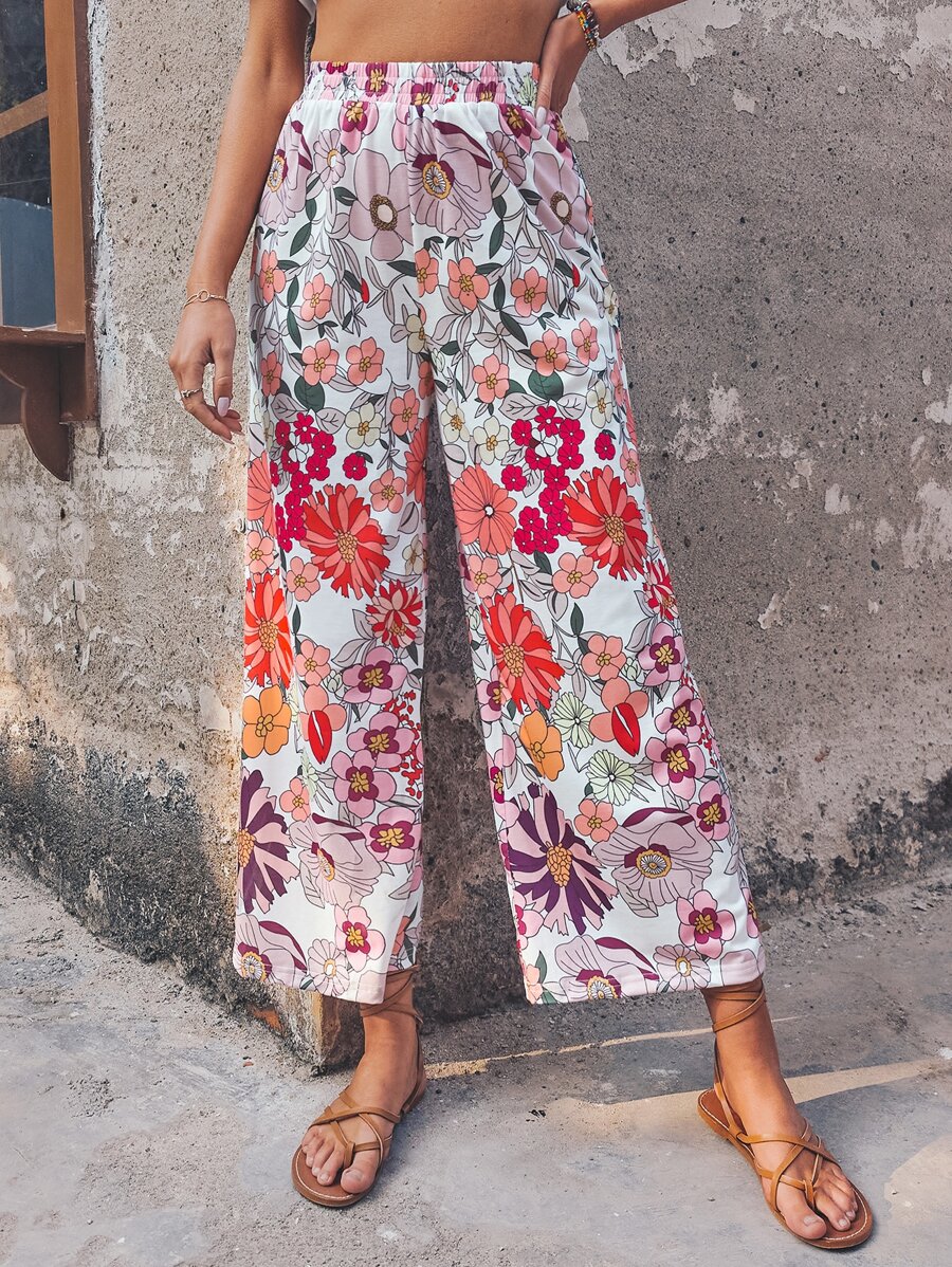 Floral Print Wide Leg Trousers - Multicolor - View 1