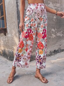 Floral Print Wide Leg Trousers - Multicolor - View 3