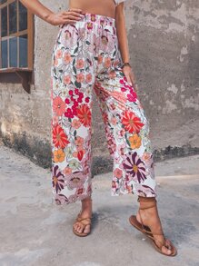 Floral Print Wide Leg Trousers - Multicolor - View 4
