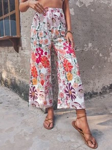 Floral Print Wide Leg Trousers - Multicolor - View 5