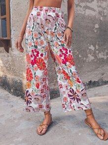 Floral Print Wide Leg Trousers - Multicolor - View 6