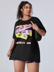 SHEIN Coolane Plus Figure Graphic Drop Shoulder Tee - Black - View 1
