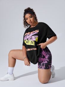 SHEIN Coolane Plus Figure Graphic Drop Shoulder Tee - Black - View 3