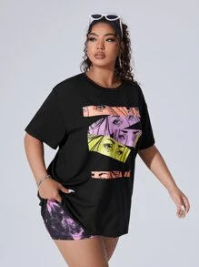 SHEIN Coolane Plus Figure Graphic Drop Shoulder Tee - Black - View 4