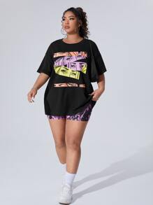 SHEIN Coolane Plus Figure Graphic Drop Shoulder Tee - Black - View 5