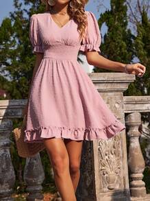 Breezaya 圓點泡泡袖荷葉邊連衣裙 - 藕粉色 - 查看 1