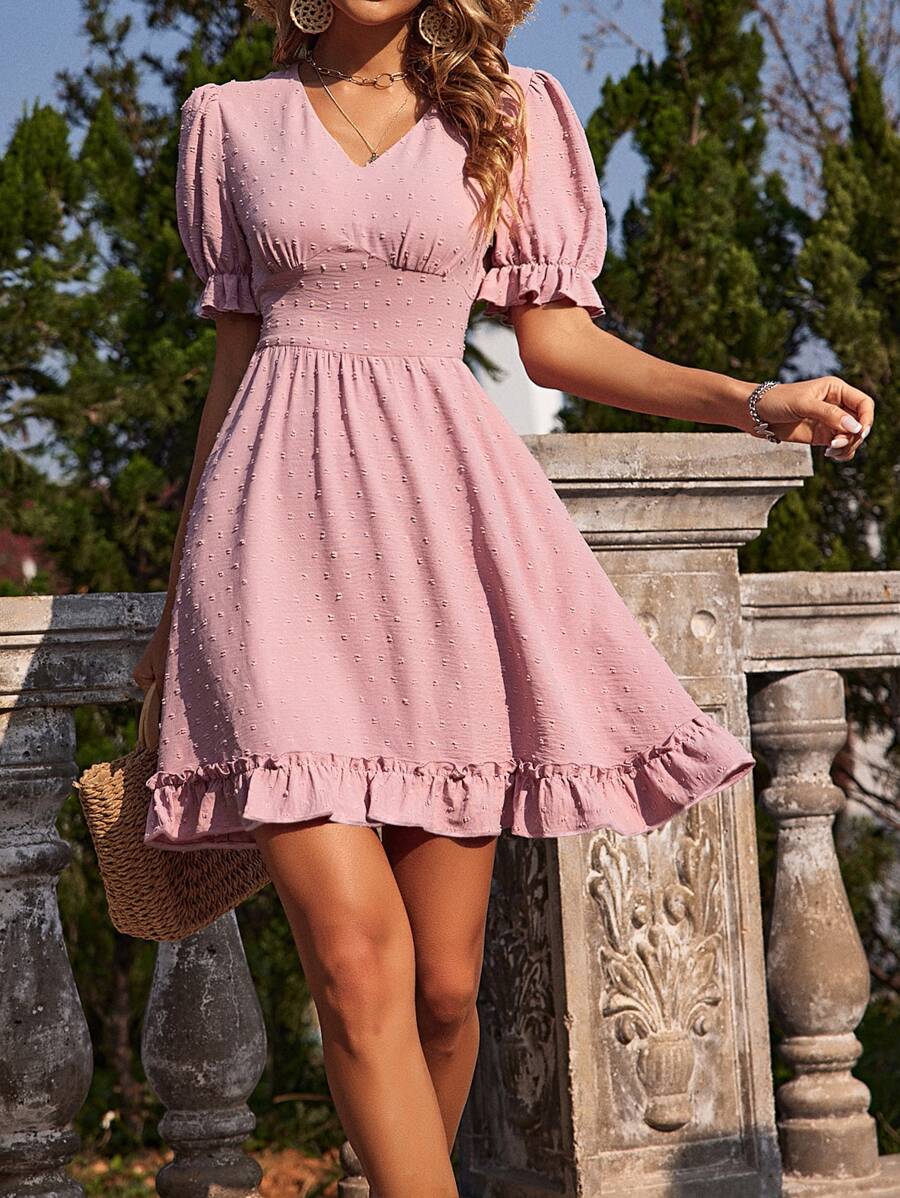 Breezaya 圓點泡泡袖荷葉邊連衣裙 - 藕粉色 - 查看 1