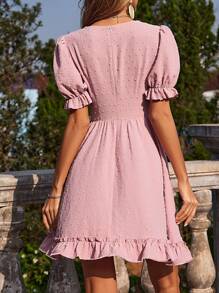 Breezaya 圓點泡泡袖荷葉邊連衣裙 - 藕粉色 - 查看 2