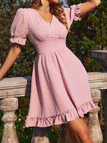 Breezaya 圓點泡泡袖荷葉邊連衣裙 - 藕粉色 - 查看 3