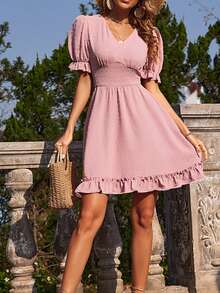 Breezaya 圓點泡泡袖荷葉邊連衣裙 - 藕粉色 - 查看 4