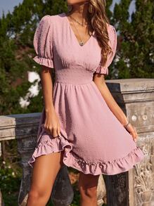 Breezaya 圓點泡泡袖荷葉邊連衣裙 - 藕粉色 - 查看 5