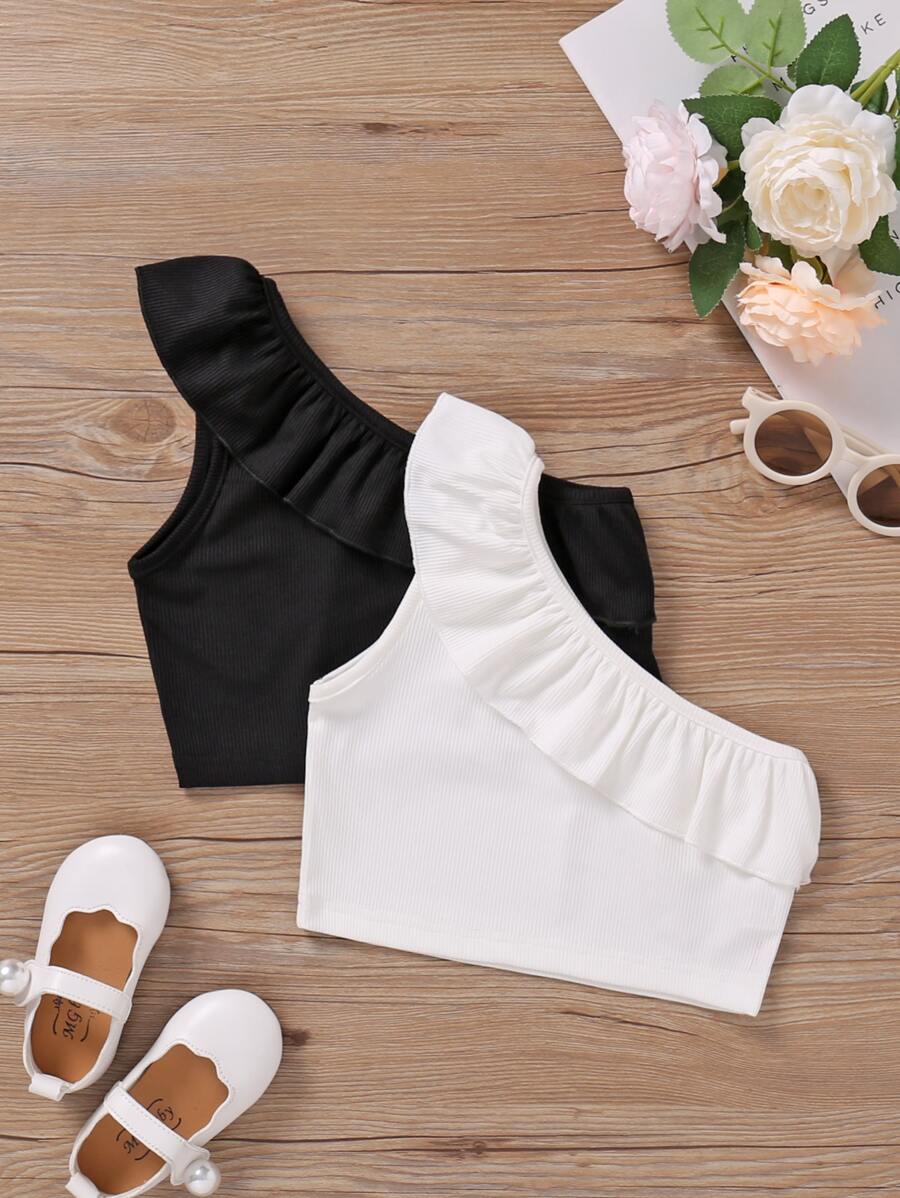 SHEIN Niñas 2 piezas Top de un hombro ribete con fruncido - Blanco y Negro - Ver 1