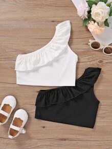 SHEIN Niñas 2 piezas Top de un hombro ribete con fruncido - Blanco y Negro - Ver 2