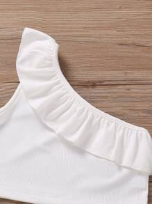 SHEIN Niñas 2 piezas Top de un hombro ribete con fruncido - Blanco y Negro - Ver 4