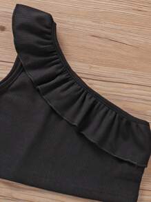 SHEIN Niñas 2 piezas Top de un hombro ribete con fruncido - Blanco y Negro - Ver 6