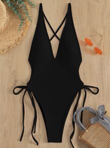 Swim SXY Summer Beach Plain Tie Side High Cut One Piece Swimsuit - Black - View 3