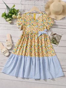 SHEIN Đầm Gái Viên lá sen Nơ trước Hoa Sọc Boho - Nhiều màu - Xem 1