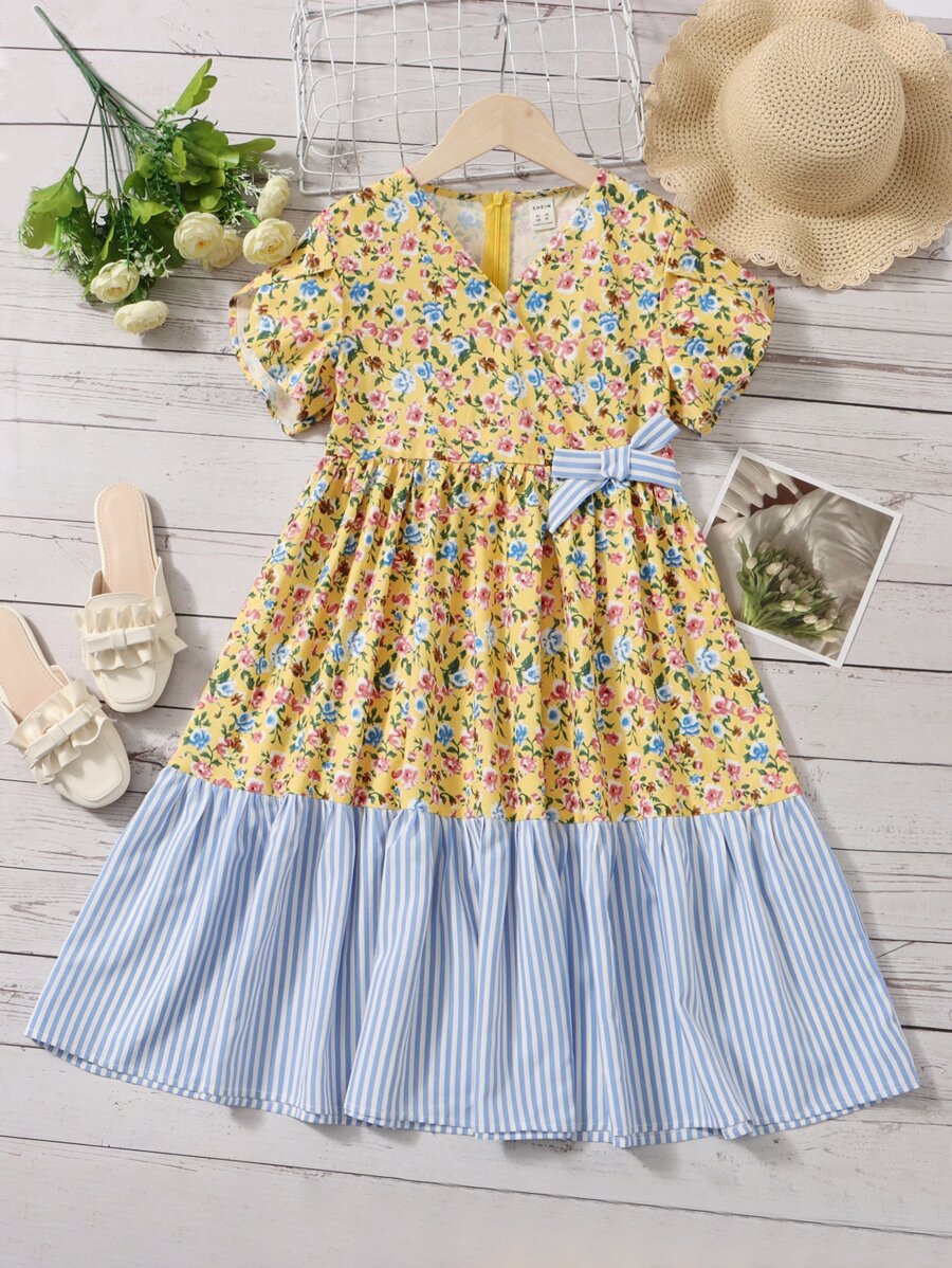 SHEIN Đầm Gái Viên lá sen Nơ trước Hoa Sọc Boho - Nhiều màu - Xem 1