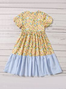 SHEIN Đầm Gái Viên lá sen Nơ trước Hoa Sọc Boho - Nhiều màu - Xem 2