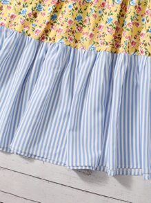 SHEIN Đầm Gái Viên lá sen Nơ trước Hoa Sọc Boho - Nhiều màu - Xem 3