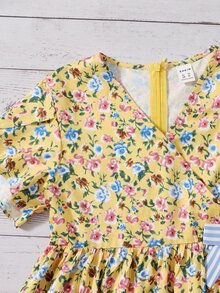 SHEIN Đầm Gái Viên lá sen Nơ trước Hoa Sọc Boho - Nhiều màu - Xem 4