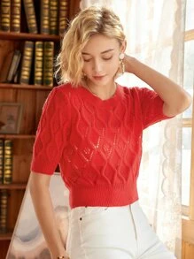 Knit Mix 素色網眼針織上衣不附帶內襯 - 紅色 - 查看 1