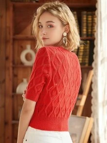 Knit Mix 素色網眼針織上衣不附帶內襯 - 紅色 - 查看 2