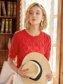 Knit Mix 素色網眼針織上衣不附帶內襯 - 紅色 - 查看 3