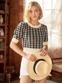 Knit Mix 千鳥格圖案泡泡袖針織上衣