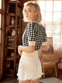 Knit Mix 千鳥格圖案泡泡袖針織上衣