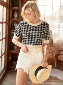 Knit Mix 千鳥格圖案泡泡袖針織上衣